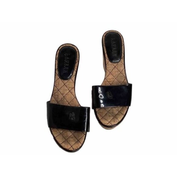 Ralph Lauren Women’s 8 1/2 Black Patent Leather Strap Cork Wedge Open Toe Heels - Picture 2 of 5